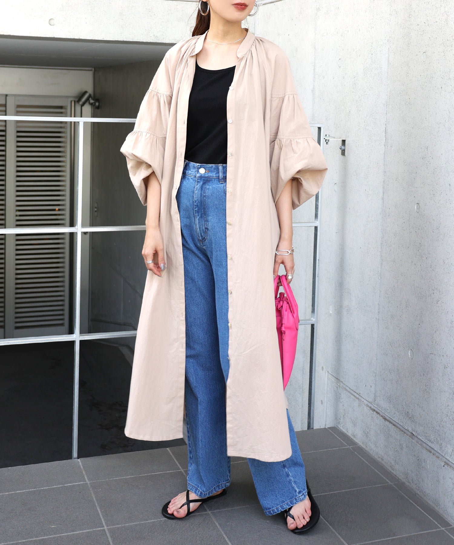 アンドミー andme ワッシャーコットンボリューム袖スキッパーワンピース