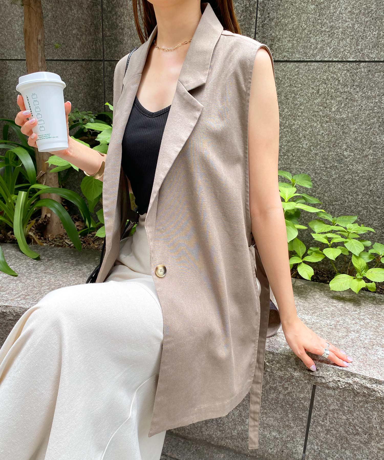 アンドミー andme リネンブレンドサイドオープンジレ （グレージュ） グレージュ