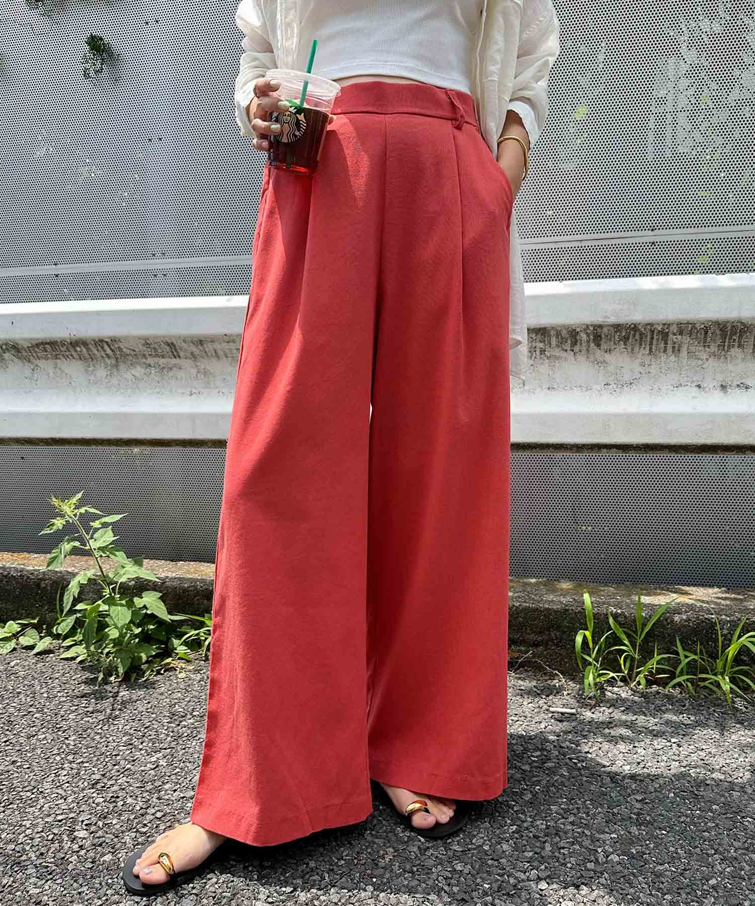アンドミー andme レーヨンリネンタックワイドパンツ ウエストゴム