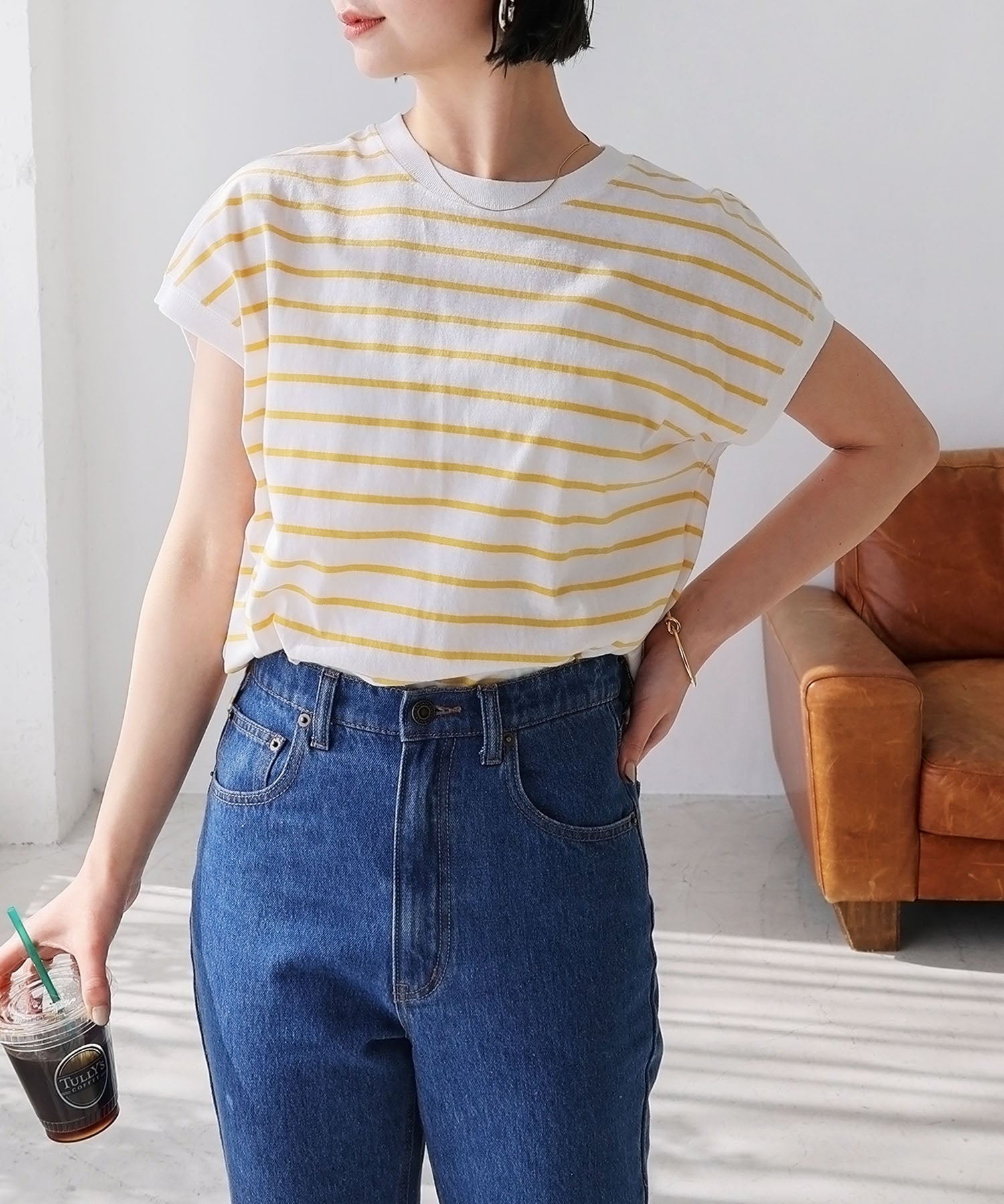 andme Cotton Jersey French Sleeve Short Sleeve Border T-Shirt
