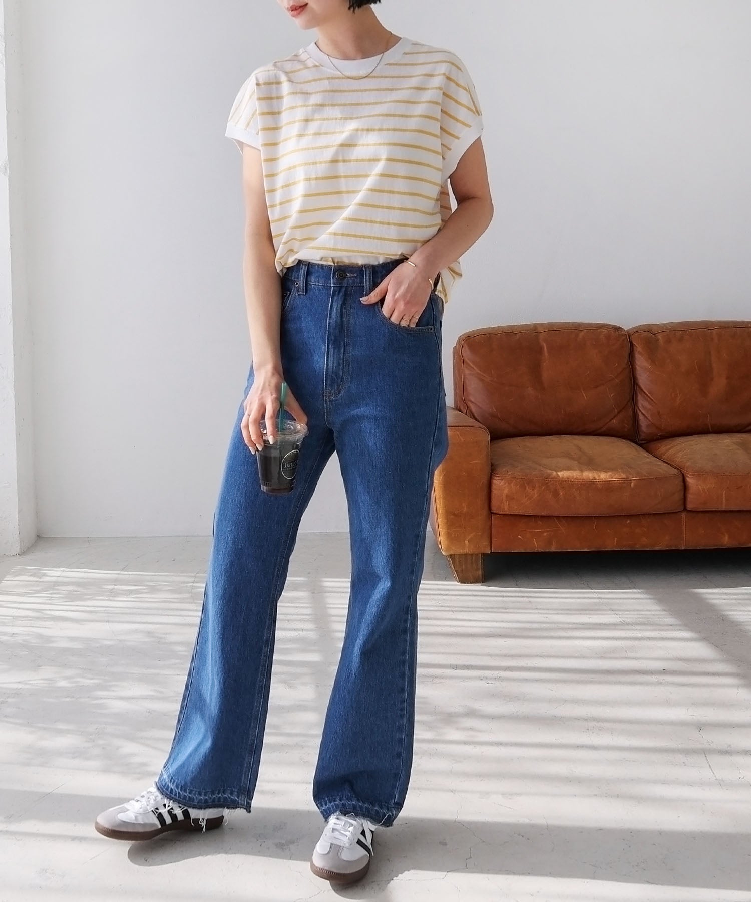 andme Cotton Jersey French Sleeve Short Sleeve Border T-Shirt