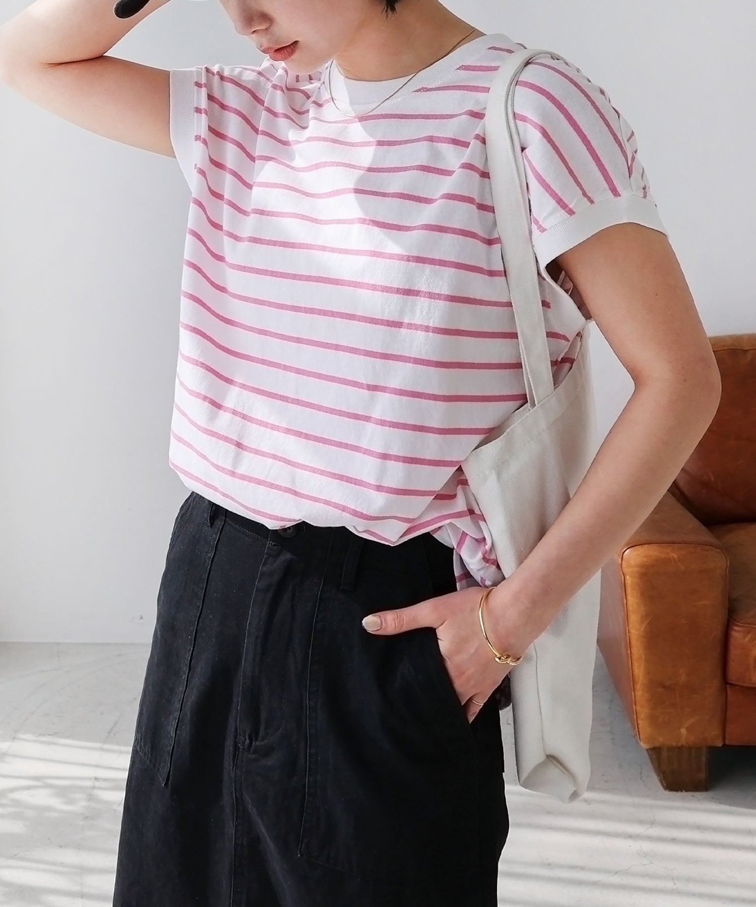 andme Cotton Jersey French Sleeve Short Sleeve Border T-Shirt
