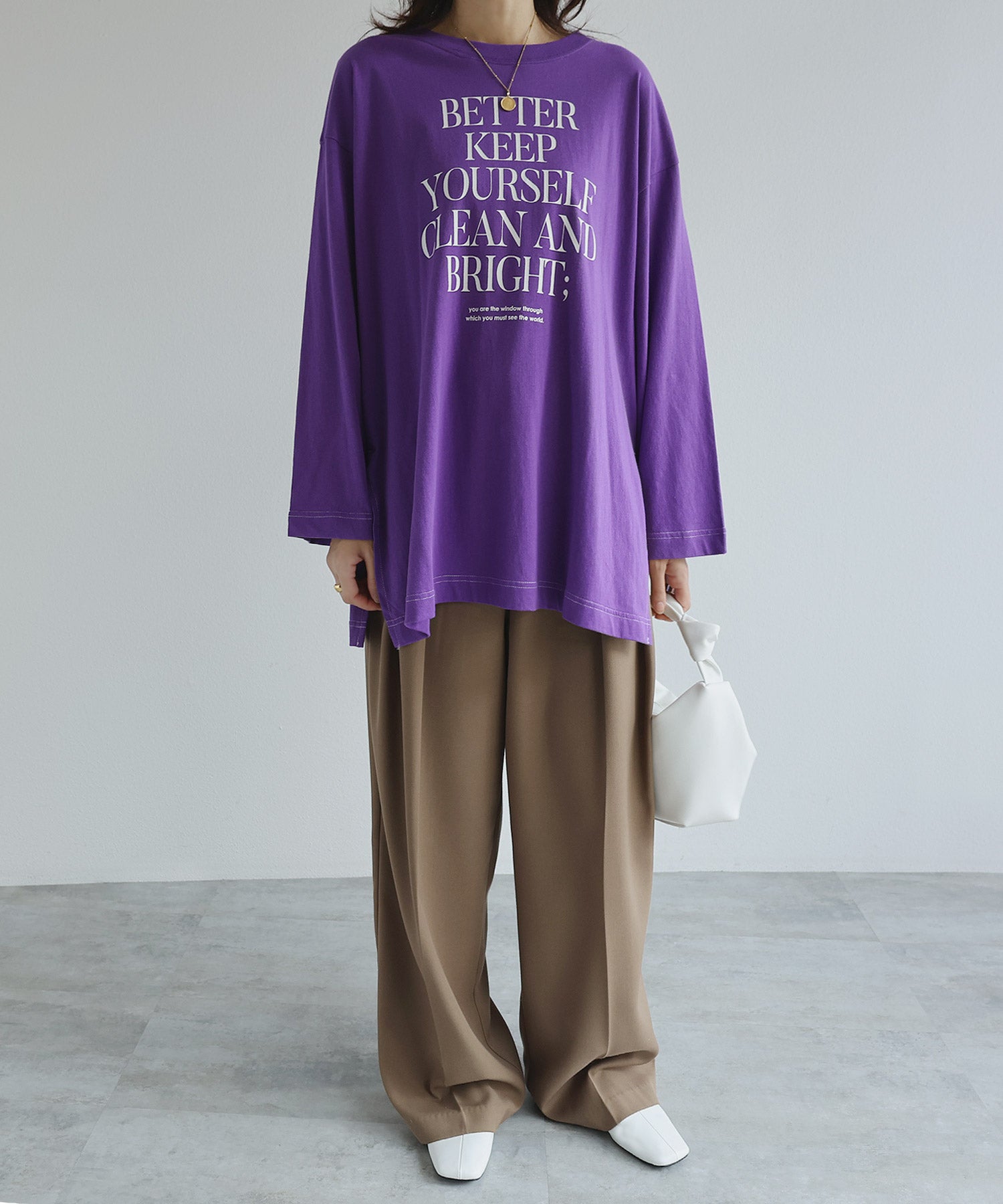 アンドミー andme オーバーサイズロゴプリント長袖Tシャツ （パープル×オフホワイト） パープル×オフホワイト