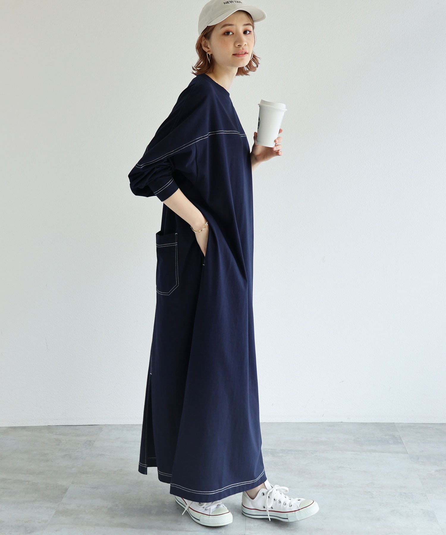 アンドミー andme コットン長袖配色ステッチオーバーサイズTシャツワンピース