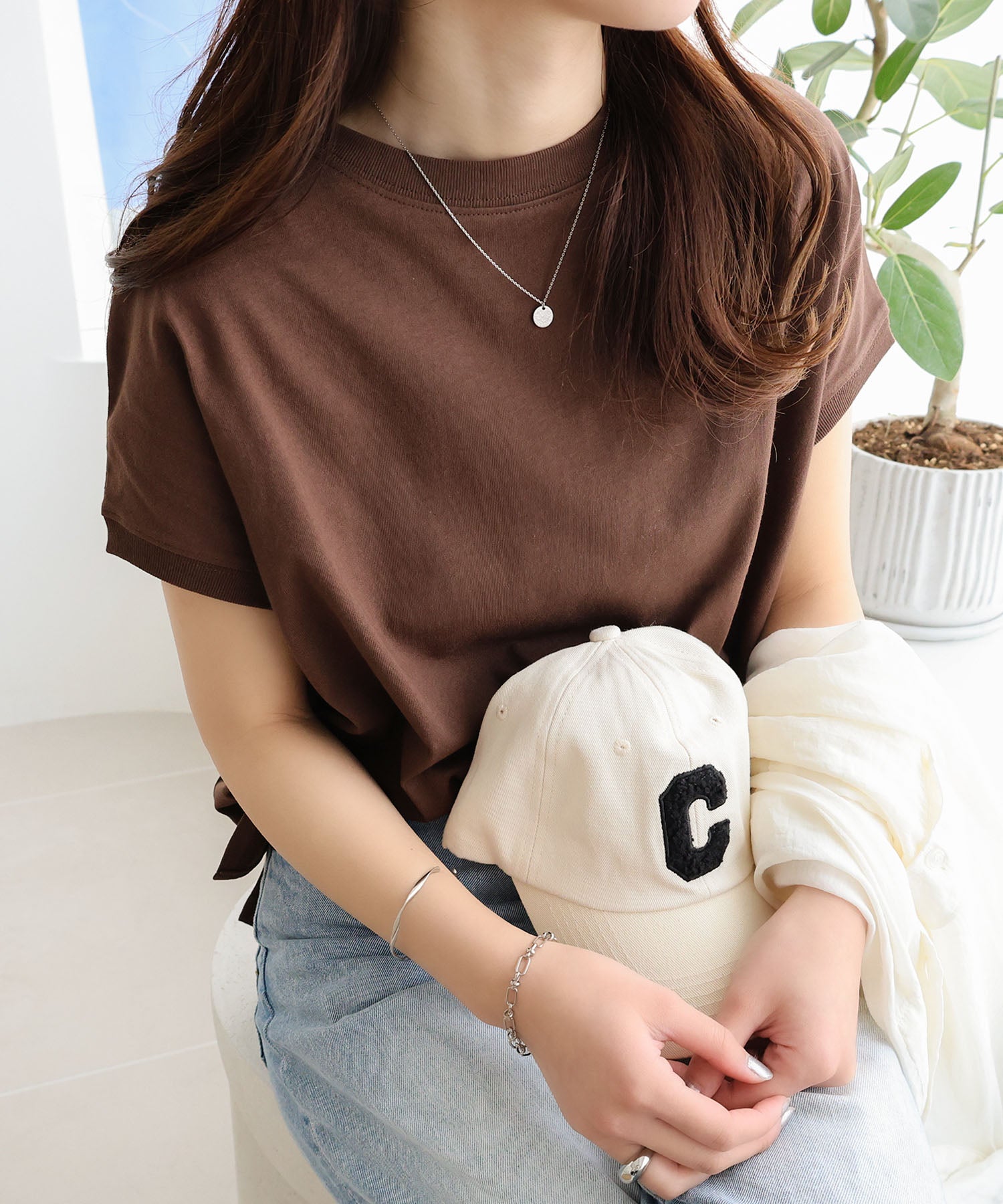 アンドミー andme USAコットン汗染み防止フレンチスリーブTシャツ トップス （ブラウン） ブラウン