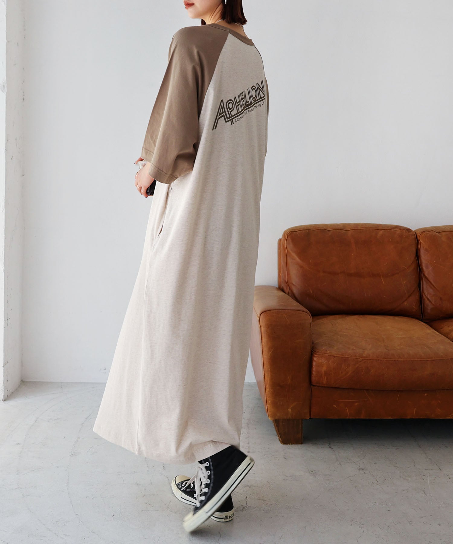 アンドミー andme 配色ラグラン 半袖 Tシャツワンピース,ベージュ×ベージュ