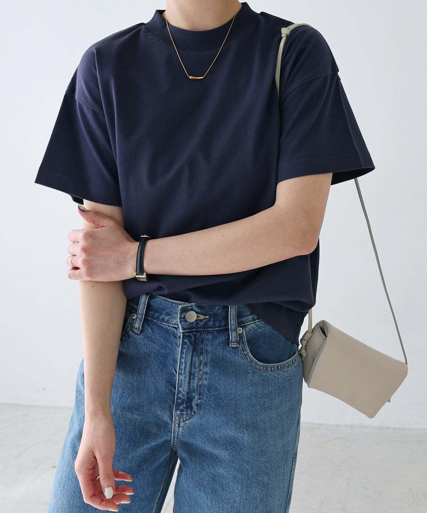 アンドミー andme モックネック 半袖 Tシャツ （ネイビー） ネイビー