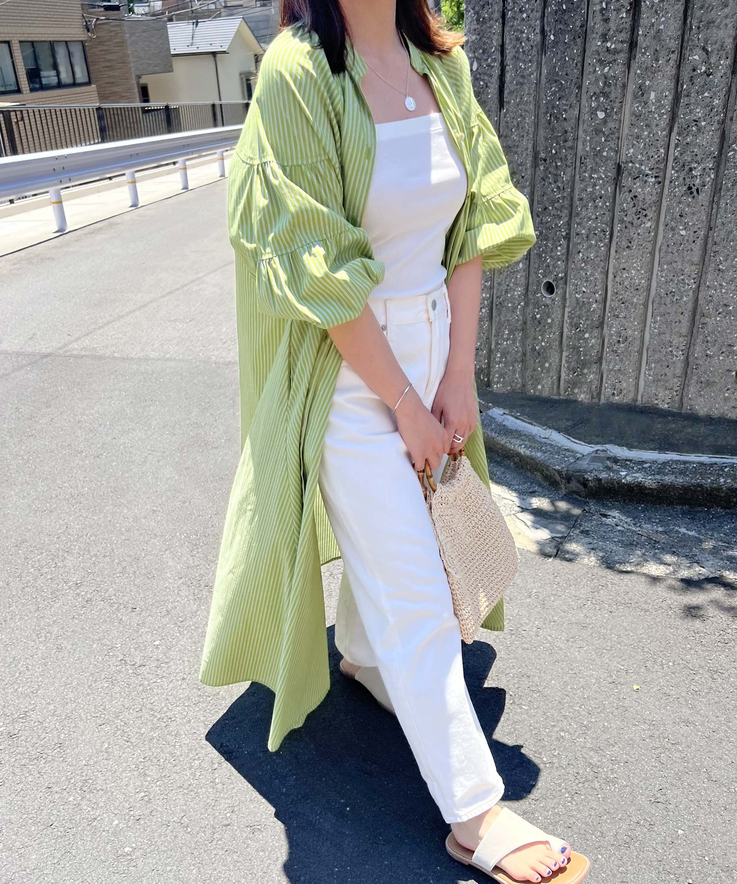 アンドミー andme カラーストライプ スキッパー ワンピース,グリーン