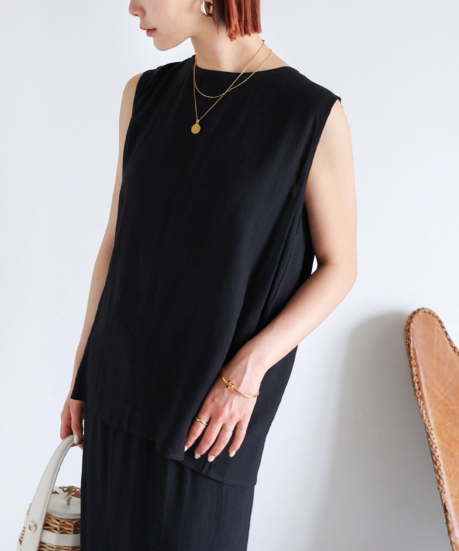 アンドミー andme レイヤード風  シアー ノースリーブ ブラウス,ブラック