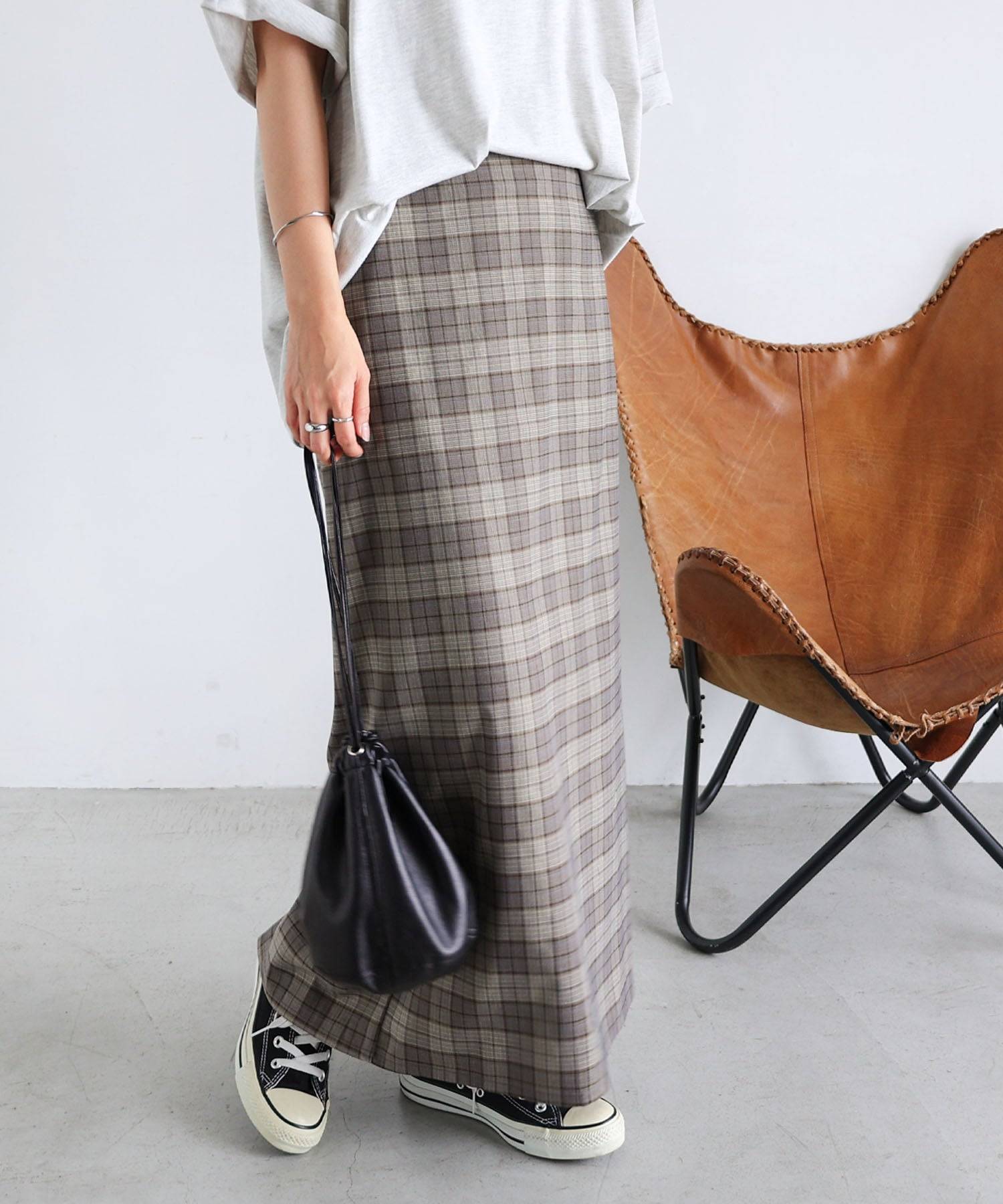 アンドミー andme チェック柄 タイト スカート,グレー調