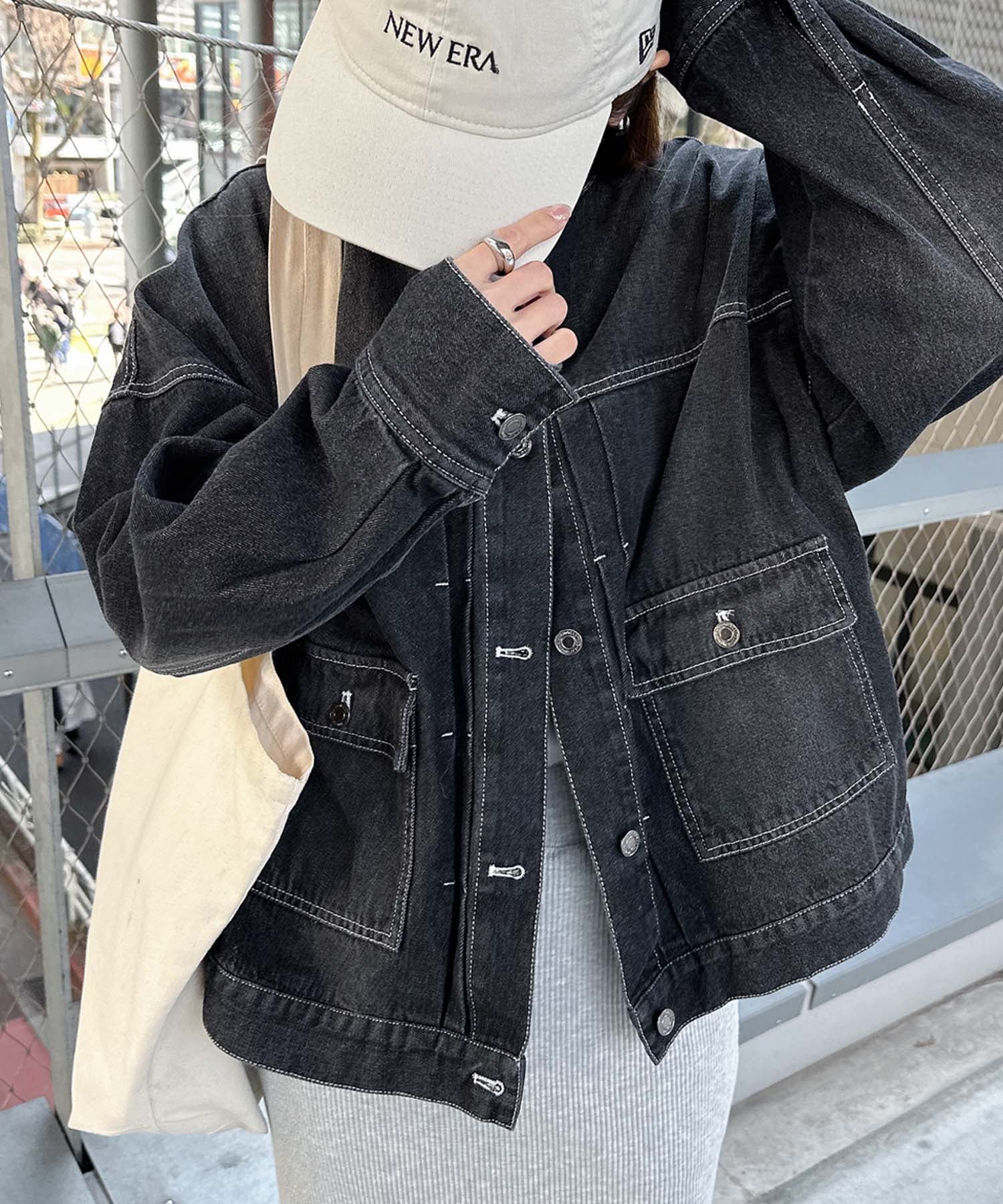 アンドミー andme オーバーサイズ ノーカラー デニム ツイル ジャケット