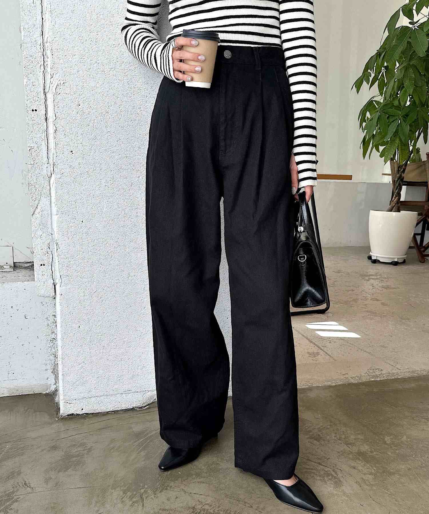 アンドミー andme コットン ツイル ハイウエスト タックパンツ
