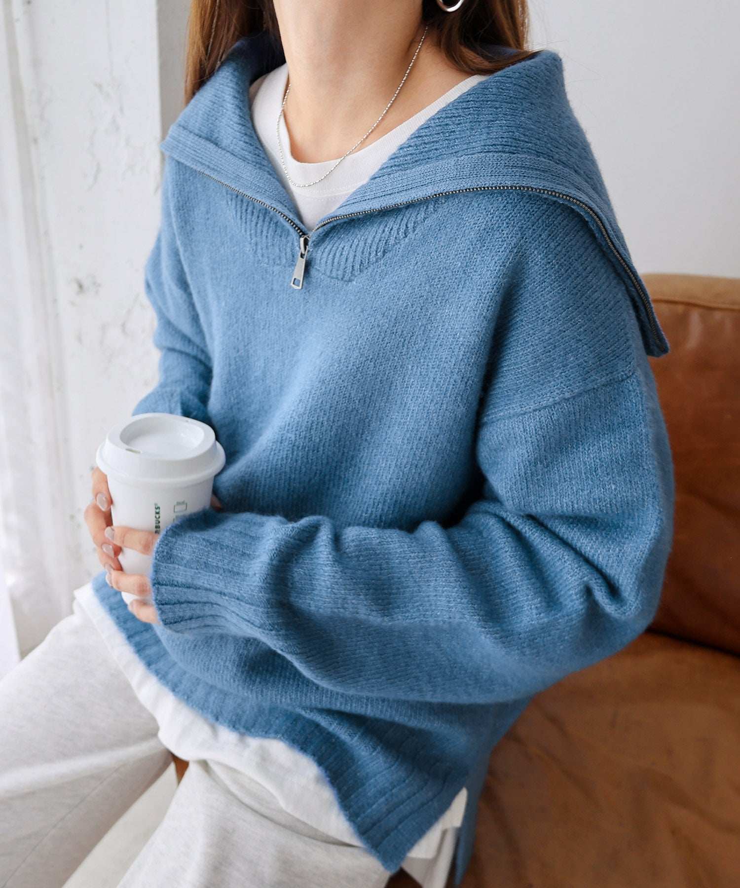 アンドミー andme セーラーカラーハーフジップニットトップス （ブルー） ブルー