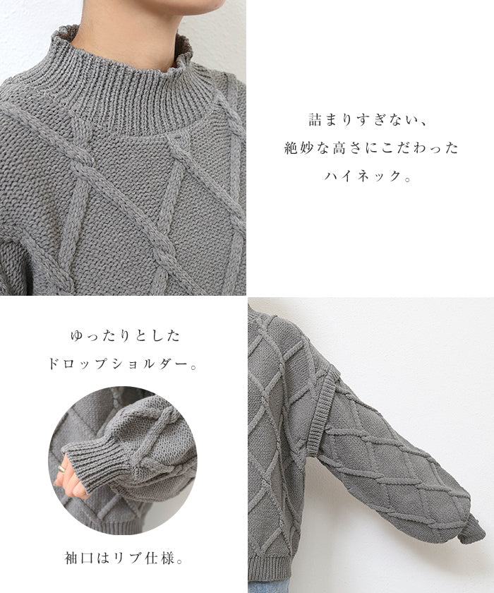 アンドミー andme ダイヤ柄 ケーブル ハイネック ボリューム袖 ニット トップス
