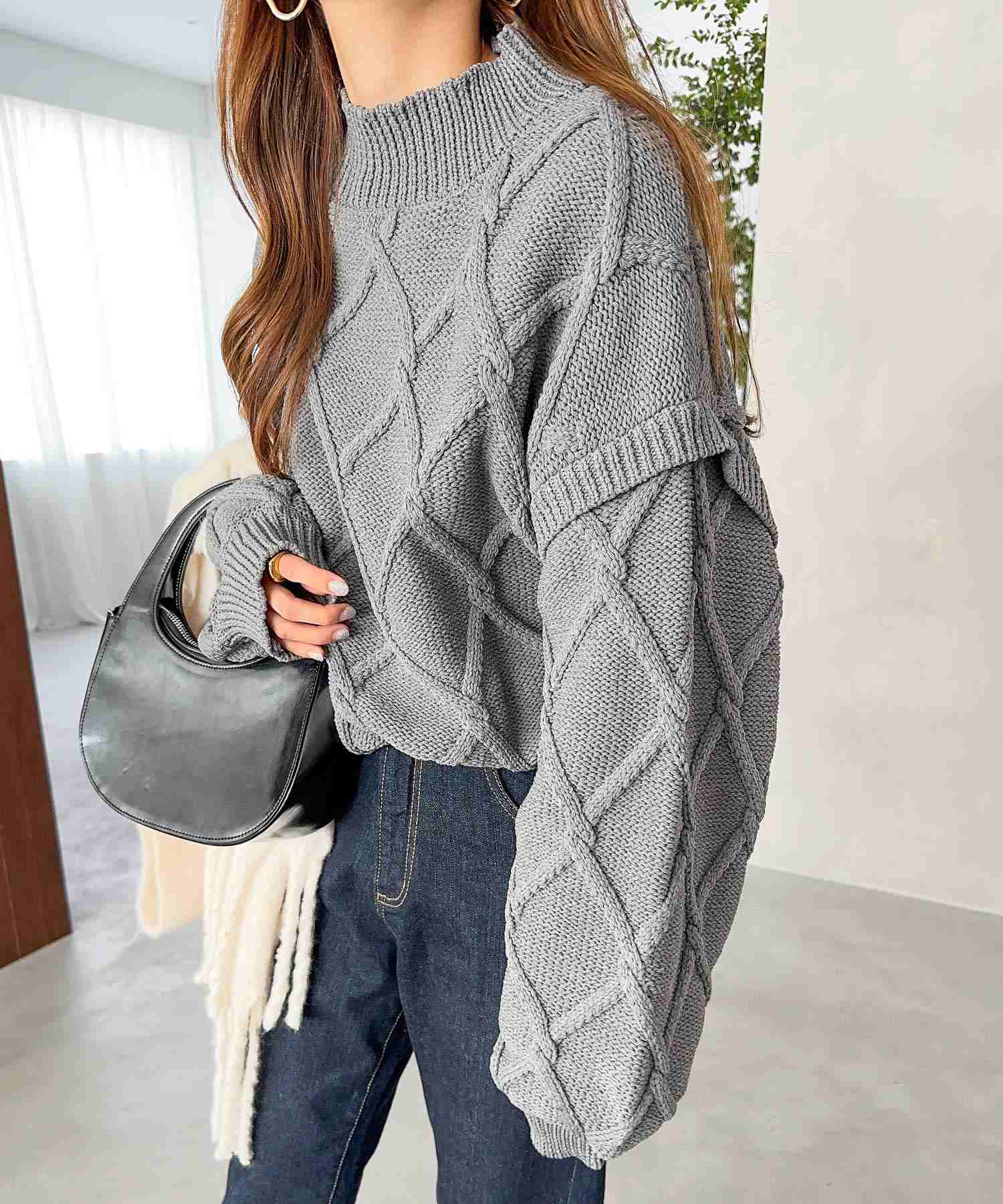 andme Diamond Pattern Cable High Neck Voluminous Sleeve Knit Top