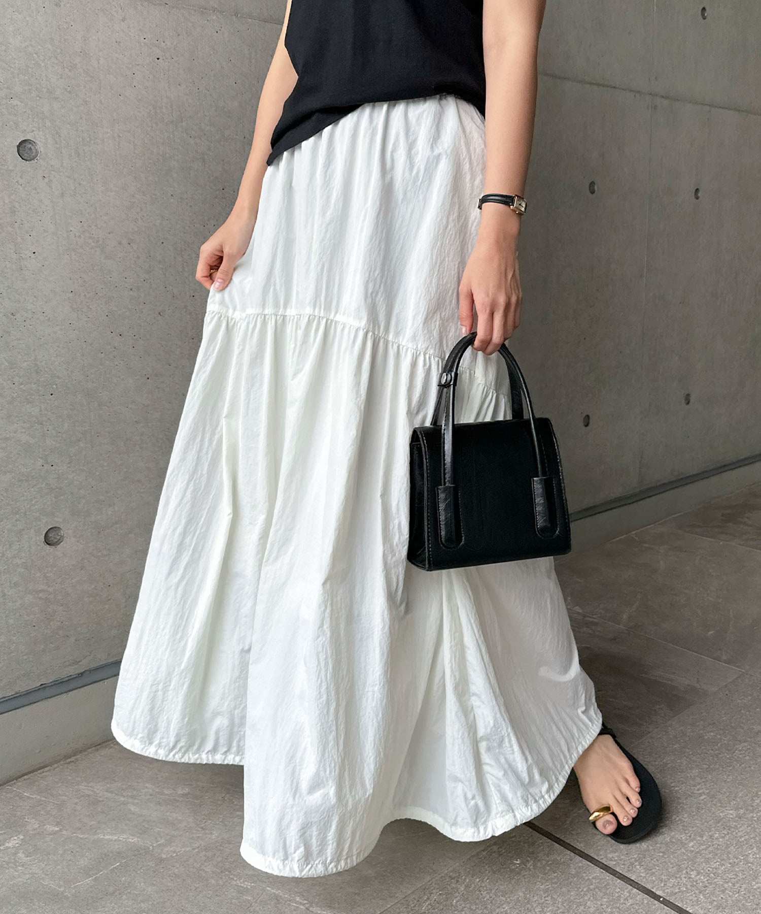 andme Nylon Taffeta Tiered Flare Skirt