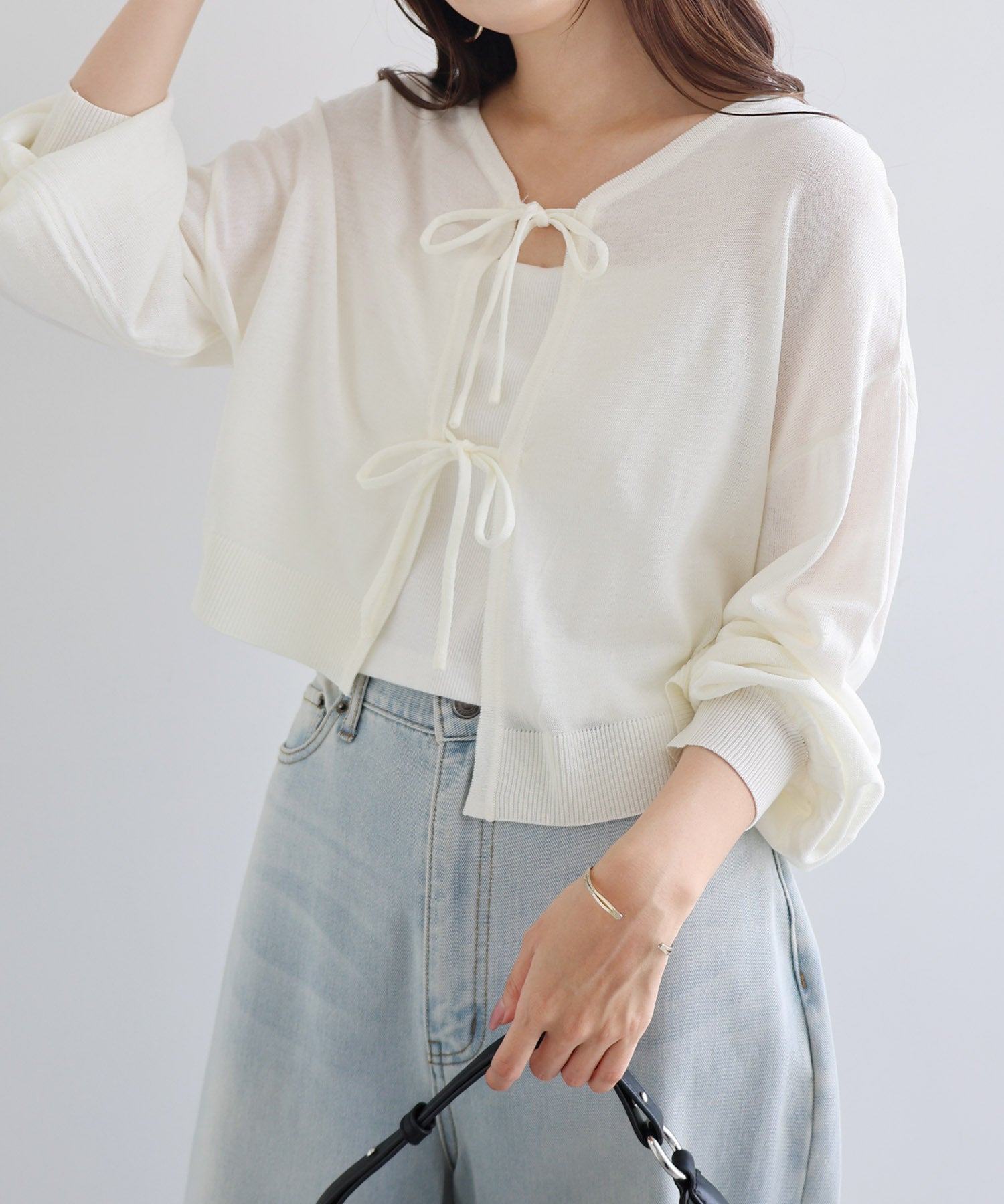 アンドミー andme フロントリボン 2way ニット カーディガン トップス （オフホワイト） オフホワイト