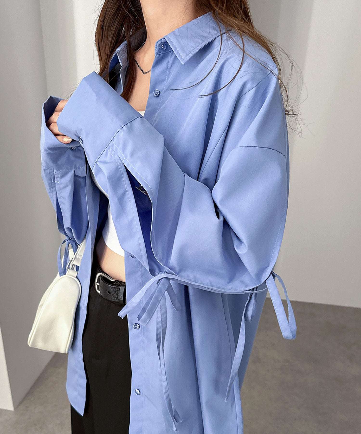 andme Sleeve Slit Ribbon Long Sleeve Shirt Blouse