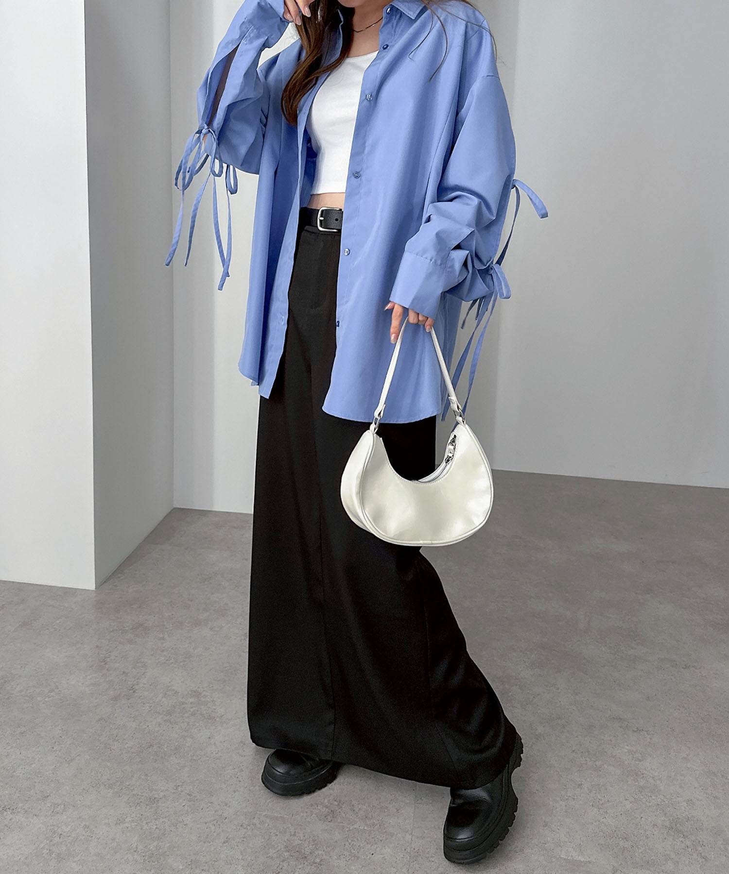 andme Sleeve Slit Ribbon Long Sleeve Shirt Blouse