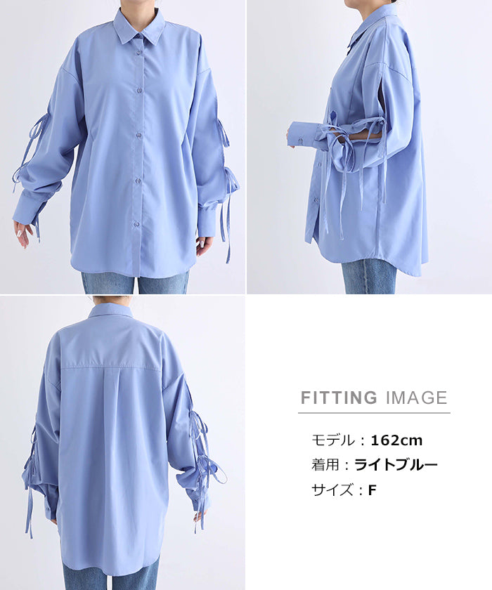 andme Sleeve Slit Ribbon Long Sleeve Shirt Blouse