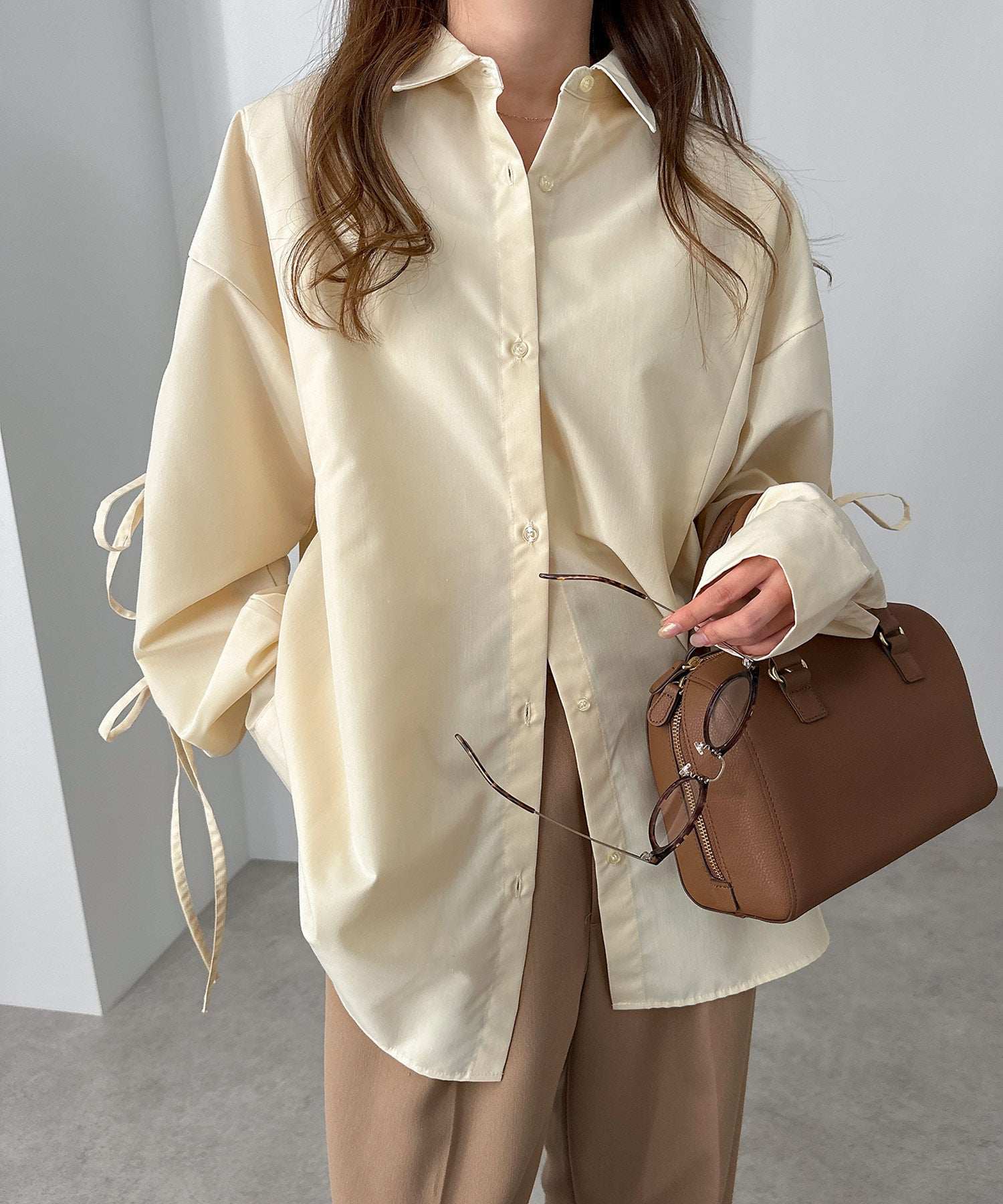 andme Sleeve Slit Ribbon Long Sleeve Shirt Blouse