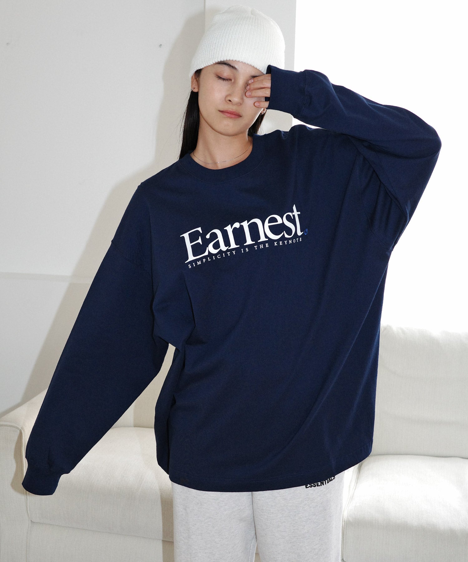 アンドミー andme Earnest ロゴ プリント 長袖 Tシャツ,ネイビー