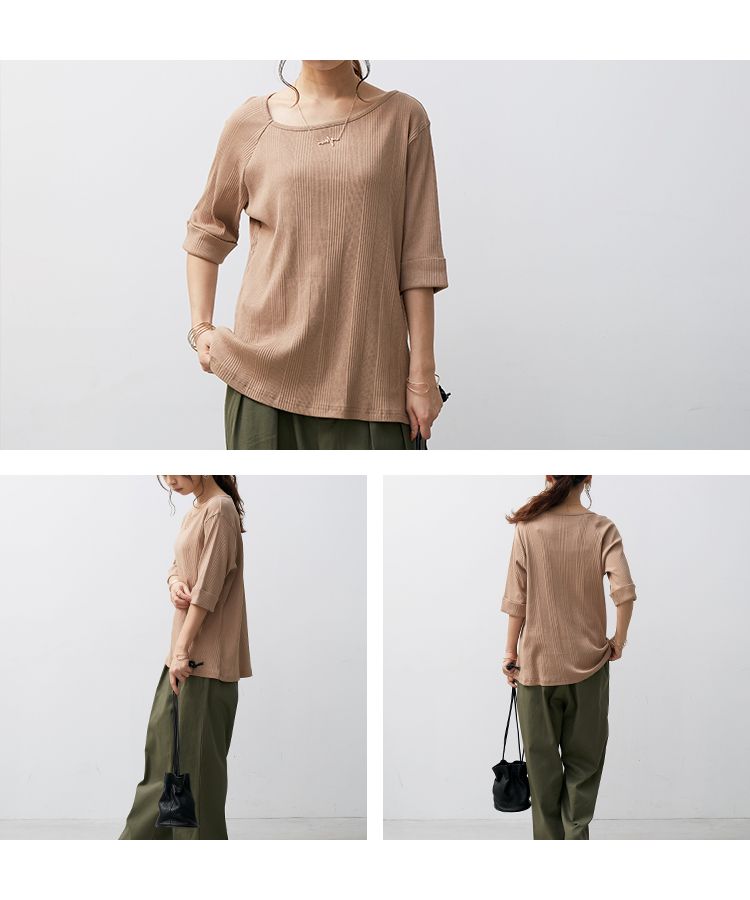 ノーワンノーズ No one knows ランダムリブ ランダムテレコ アシンメトリー 首元 大人 きれいめ 上品 Tシャツ 7分袖 七分袖 五分袖 レディース プルオーバー カットソー ロンT 無地