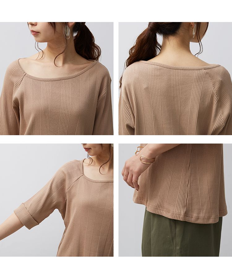 ノーワンノーズ No one knows ランダムリブ ランダムテレコ アシンメトリー 首元 大人 きれいめ 上品 Tシャツ 7分袖 七分袖 五分袖 レディース プルオーバー カットソー ロンT 無地