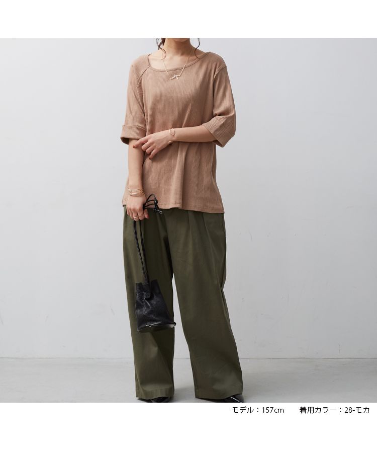 ノーワンノーズ No one knows ランダムリブ ランダムテレコ アシンメトリー 首元 大人 きれいめ 上品 Tシャツ 7分袖 七分袖 五分袖 レディース プルオーバー カットソー ロンT 無地,28-モカ