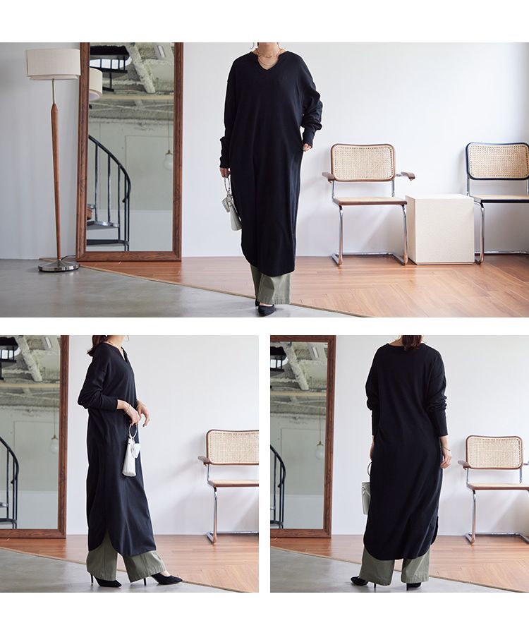 ノーワンノーズ No one knows 日本製 スキッパー キーネック ワンピース オールシーズン しっかり素材 レディース 無地 シンプル ドロップショルダー 長袖  ラウンドヘム サイドスリット