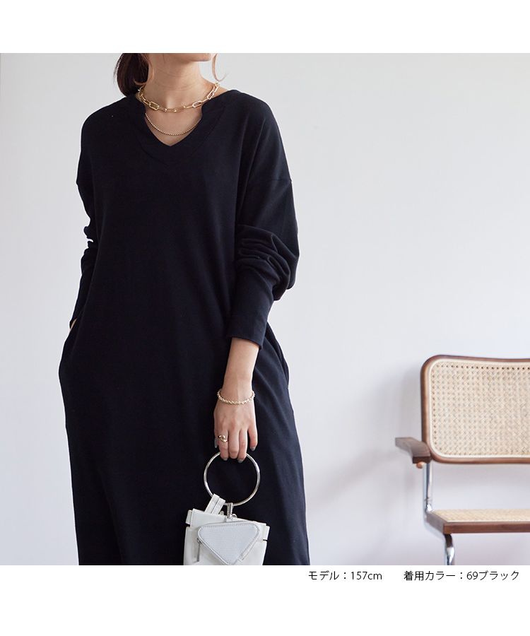 ノーワンノーズ No one knows 日本製 スキッパー キーネック ワンピース オールシーズン しっかり素材 レディース 無地 シンプル ドロップショルダー 長袖  ラウンドヘム サイドスリット,69-ブラック