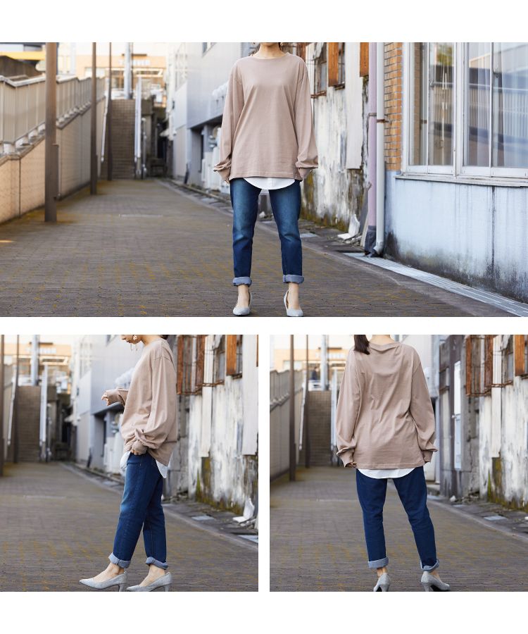ノーワンノーズ No one knows ボリューム袖 レディース 長袖 綿100 カットソー トップス ロンT 長T ロングスリーブ プルオーバー ぽわん袖 袖コンシャス ボリューム シャーリング 無