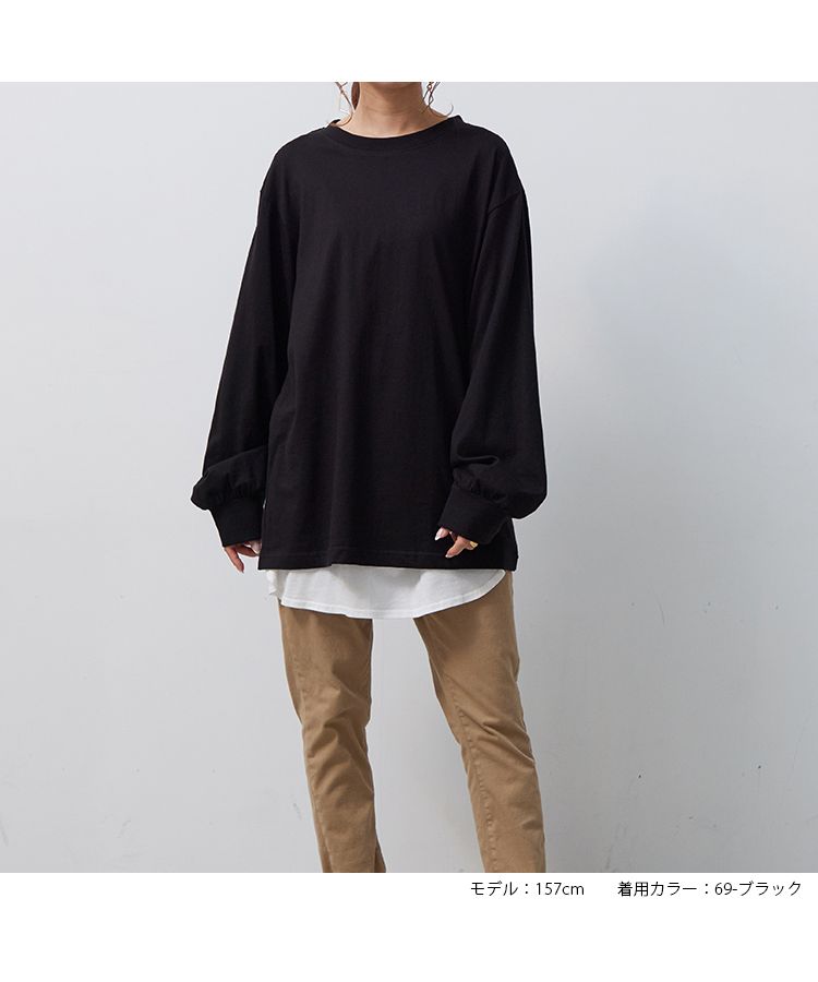 ノーワンノーズ No one knows ボリューム袖 レディース 長袖 綿100 カットソー トップス ロンT 長T ロングスリーブ プルオーバー ぽわん袖 袖コンシャス ボリューム シャーリング 無