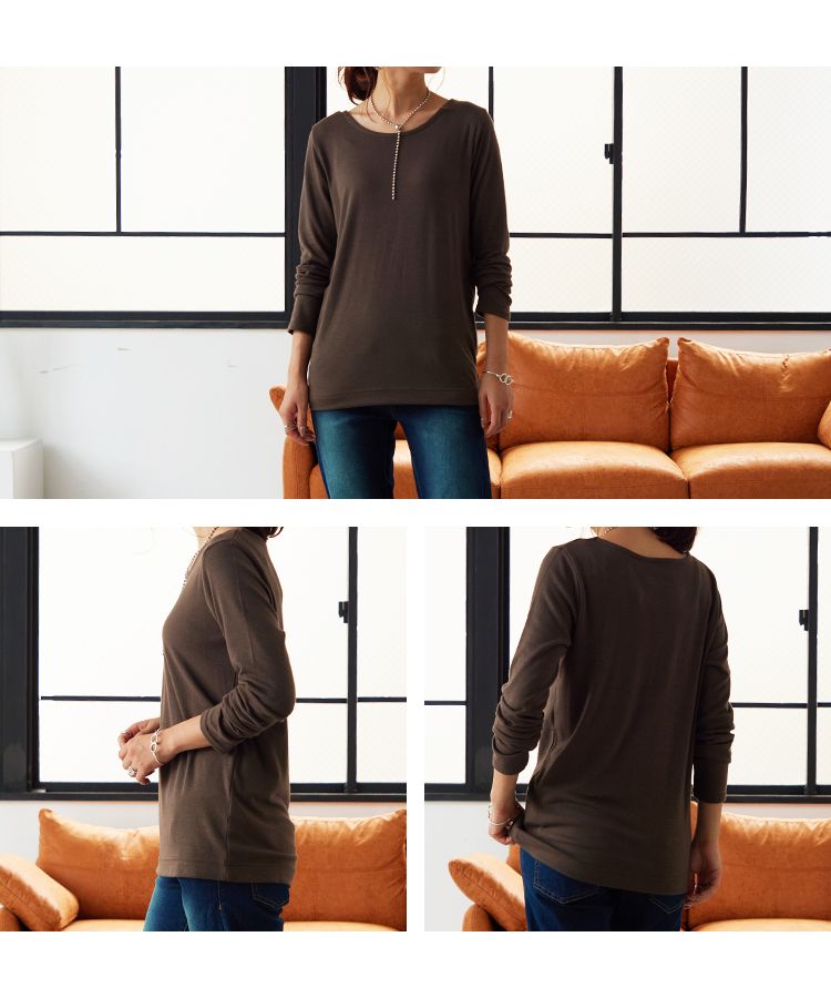 ノーワンノーズ No one knows Uネック 長袖 吸湿 発熱 カットソー Tシャツ ロンT ヒートウェア トップス 暖かい あったか レディース シンプル 無地 プルオーバー フリーサイズ スト