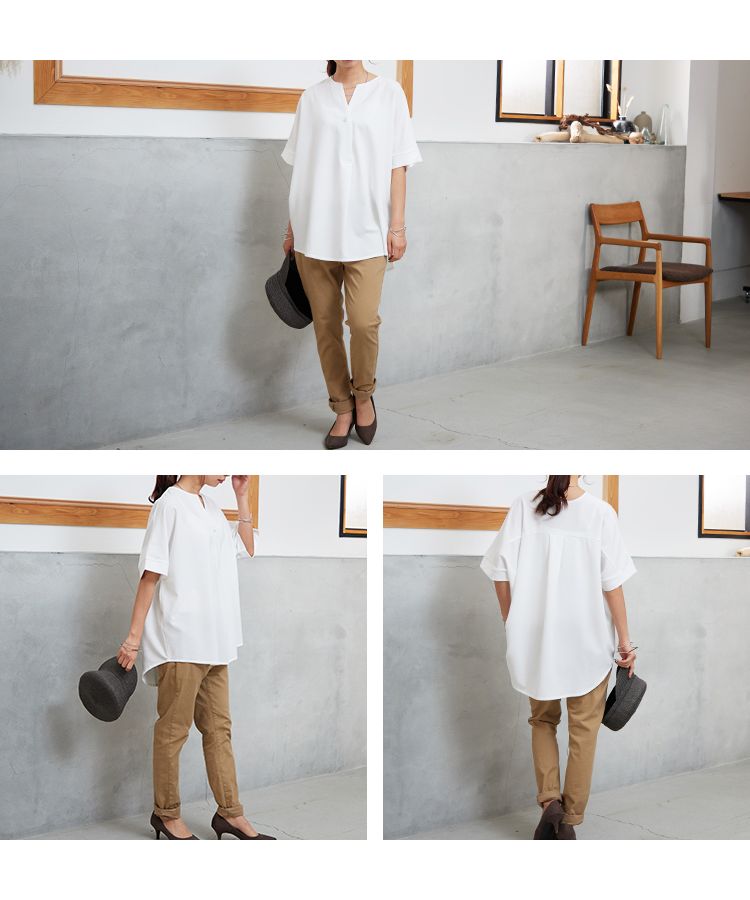 ノーワンノーズ No one knows スキッパーヘンリー半袖トップス レディース きれいめ 無地 シンプル シャツ Tシャツ ブラウス トップス 涼しい ゆったり 大きめ ルーズ ワイド スキッパー