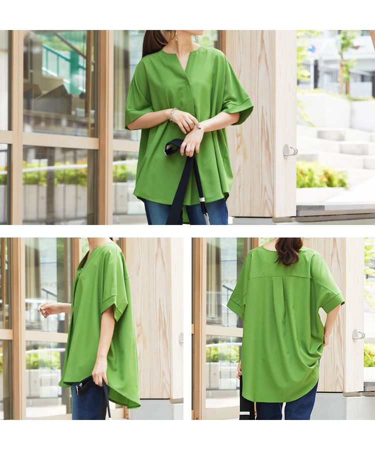 ノーワンノーズ No one knows スキッパーヘンリー半袖トップス レディース きれいめ 無地 シンプル シャツ Tシャツ ブラウス トップス 涼しい ゆったり 大きめ ルーズ ワイド スキッパー
