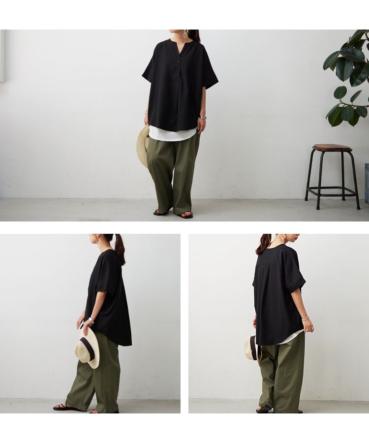 ノーワンノーズ No one knows スキッパーヘンリー半袖トップス レディース きれいめ 無地 シンプル シャツ Tシャツ ブラウス トップス 涼しい ゆったり 大きめ ルーズ ワイド スキッパー