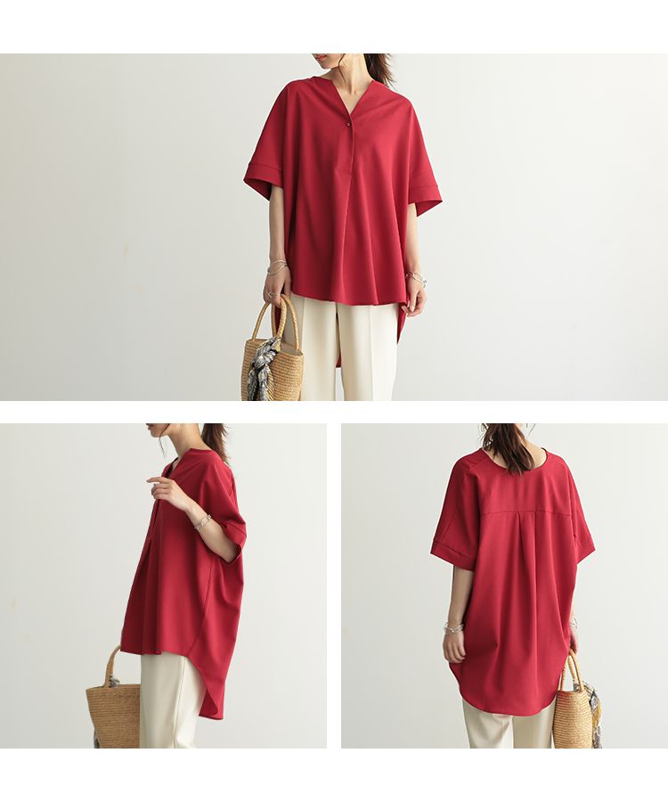 ノーワンノーズ No one knows スキッパーヘンリー半袖トップス レディース きれいめ 無地 シンプル シャツ Tシャツ ブラウス トップス 涼しい ゆったり 大きめ ルーズ ワイド スキッパー