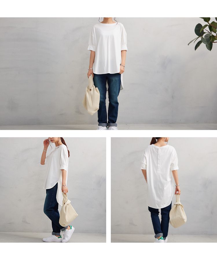 ノーワンノーズ No one knows M/L 半袖 五分袖 ギャザー ポワン Tシャツ  カットソー プルオーバー レディース 前後差ヘム ラウンドヘム 前後アシメ アシンメトリー 綿100％ コッ