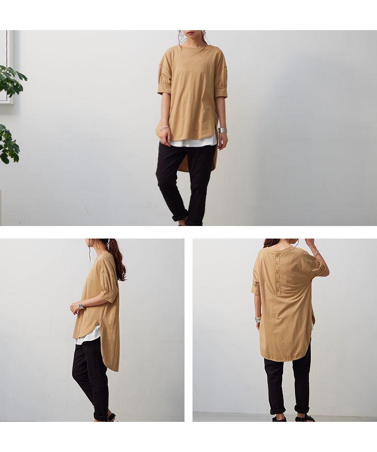 ノーワンノーズ No one knows M/L 半袖 五分袖 ギャザー ポワン Tシャツ  カットソー プルオーバー レディース 前後差ヘム ラウンドヘム 前後アシメ アシンメトリー 綿100％ コッ