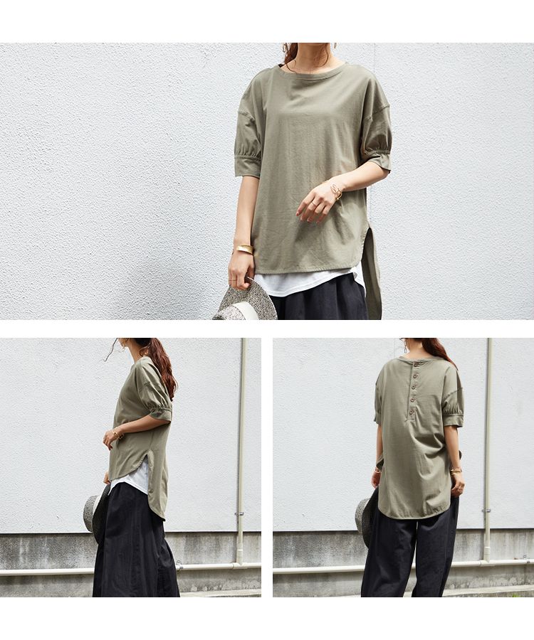 ノーワンノーズ No one knows M/L 半袖 五分袖 ギャザー ポワン Tシャツ  カットソー プルオーバー レディース 前後差ヘム ラウンドヘム 前後アシメ アシンメトリー 綿100％ コッ