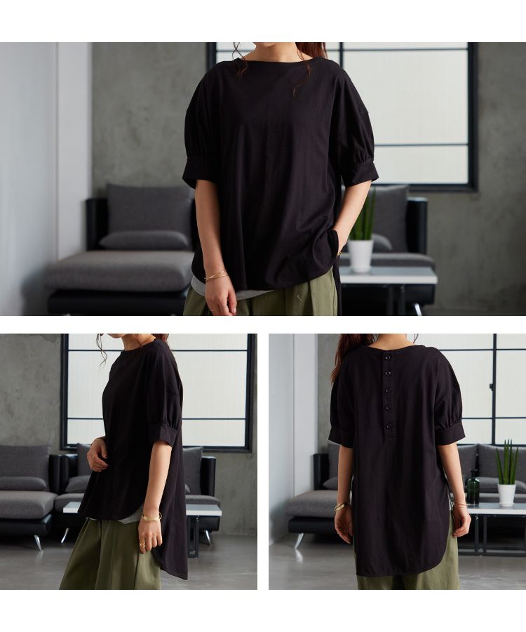 ノーワンノーズ No one knows M/L 半袖 五分袖 ギャザー ポワン Tシャツ  カットソー プルオーバー レディース 前後差ヘム ラウンドヘム 前後アシメ アシンメトリー 綿100％ コッ
