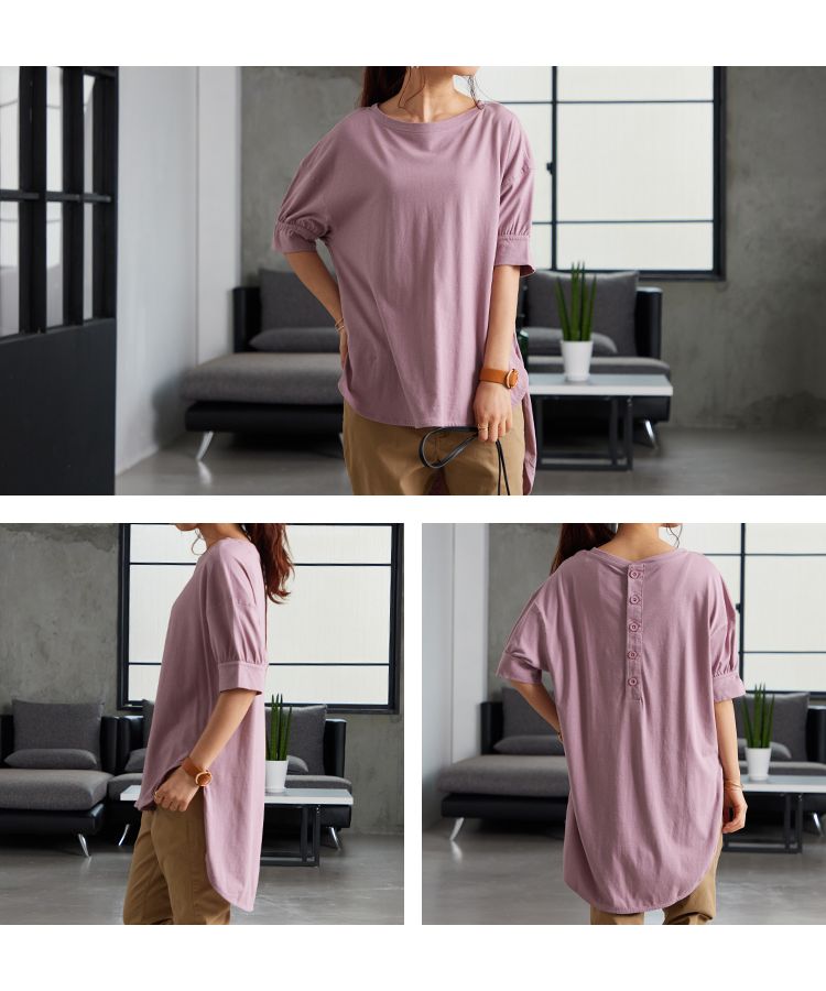 ノーワンノーズ No one knows M/L 半袖 五分袖 ギャザー ポワン Tシャツ  カットソー プルオーバー レディース 前後差ヘム ラウンドヘム 前後アシメ アシンメトリー 綿100％ コッ