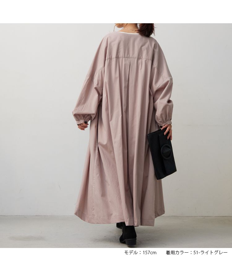 ノーワンノーズ No one knows ツイル ドロップショルダー きれいめ aライン ノーカラー ライト コート アウター バルーンスリーブ レディース 大きいサイズ 長袖 ロング ロング丈 シンプ