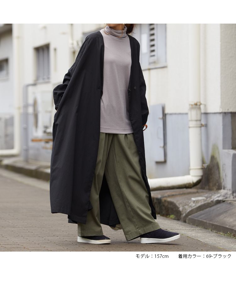 ノーワンノーズ No one knows ツイル ドロップショルダー きれいめ aライン ノーカラー ライト コート アウター バルーンスリーブ レディース 大きいサイズ 長袖 ロング ロング丈 シンプ