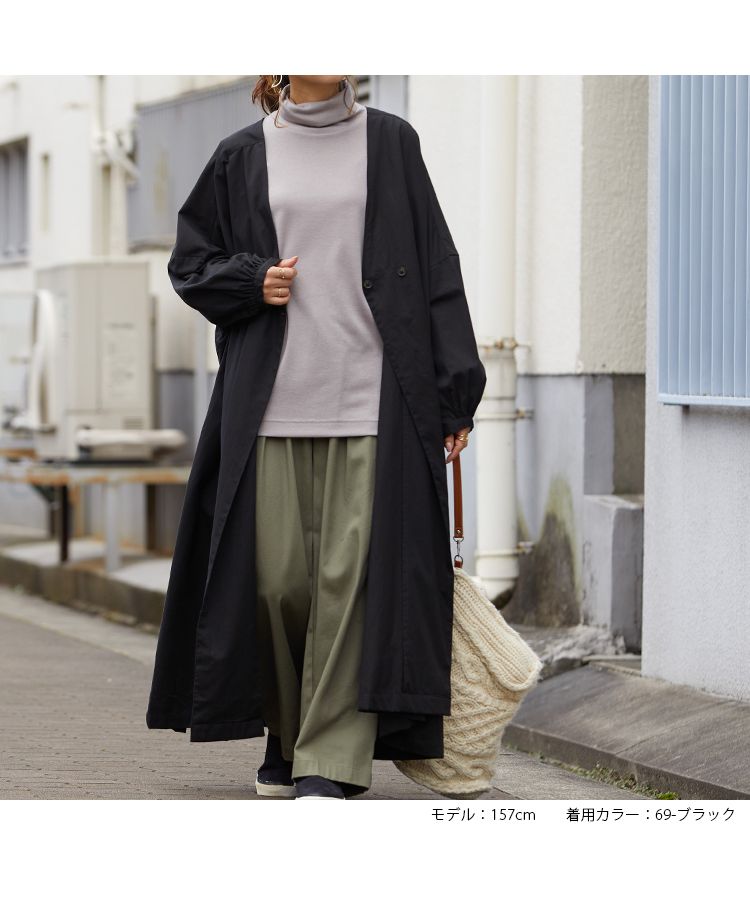 ノーワンノーズ No one knows ツイル ドロップショルダー きれいめ aライン ノーカラー ライト コート アウター バルーンスリーブ レディース 大きいサイズ 長袖 ロング ロング丈 シンプ,69-ブラック