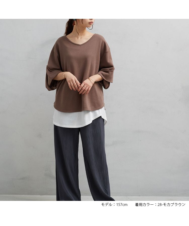 ノーワンノーズ No one knows 日本製 カットオフ ロール袖 Vネック 半袖 5分袖 柔らかい ソフトスウェット 生地 レディース ゆったり 綿100％ コットン100％ カットソー カジュア,28-モカブラウン