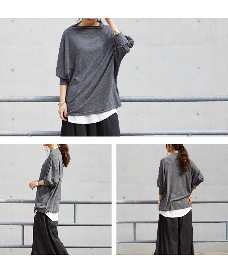 ノーワンノーズ No one knows 日本製 ボートネック ロングスリーブ 大人 カジュアル 7分袖 カットソー ロンt 長t  tシャツ ドロップショルダー ボリューム袖 レディース 無地 プルオ