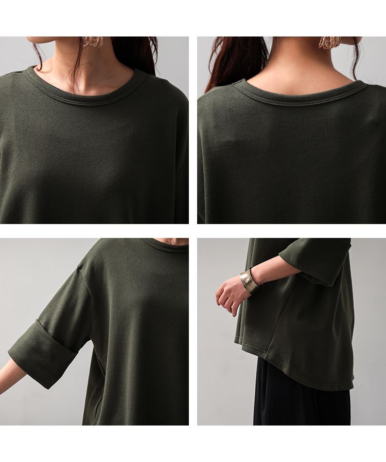 ノーワンノーズ No one knows 日本製 ビッグロールアップソフトスウェット レディース 5分袖 半端袖  七分袖 Tシャツ シンプル トップス カットソー ビッグシルエット カジュアル 無地
