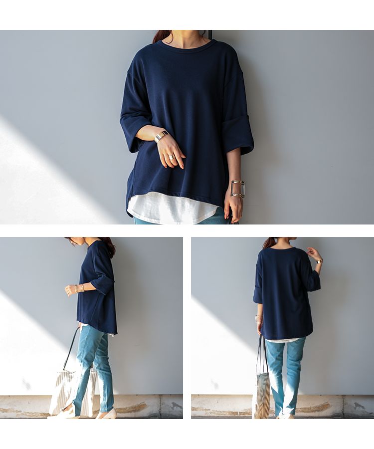 ノーワンノーズ No one knows 日本製 ビッグロールアップソフトスウェット レディース 5分袖 半端袖  七分袖 Tシャツ シンプル トップス カットソー ビッグシルエット カジュアル 無地
